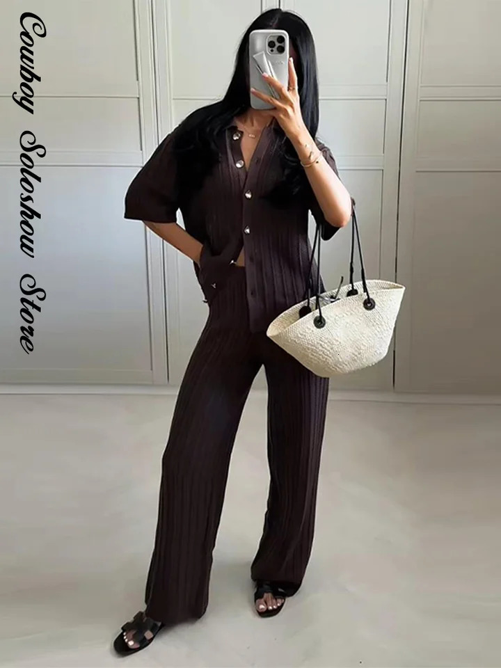 Vintage Knitted Baggy Pants Set Women Brown Half Sleeve Lapel Single Breasted Tops Straight Trousers Summer Solid Lady Suit 260326