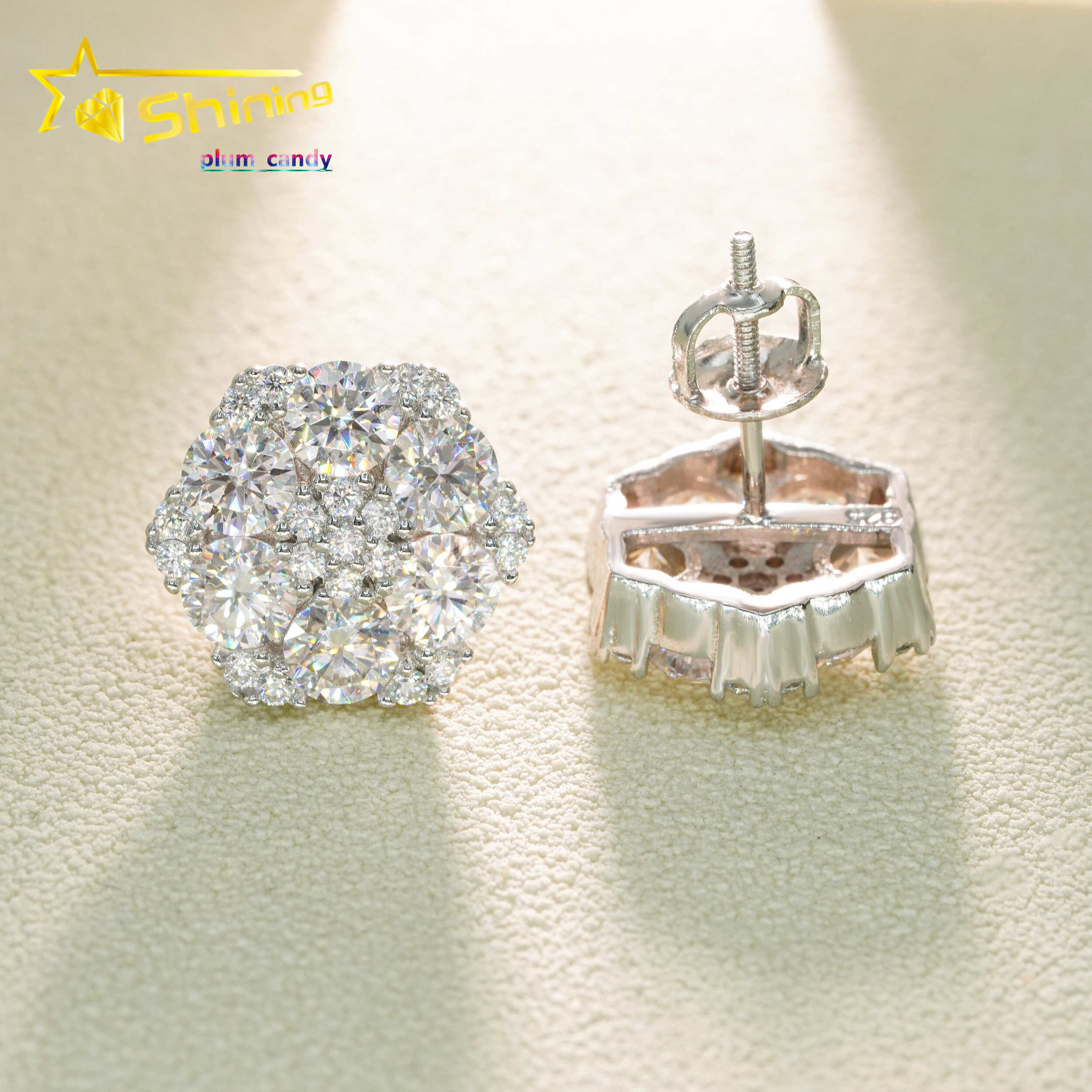 Luxury High Quality Hot Sale Flower Design Bling Jewelry 925 Sterling Silver Hip Hop Iced Out Moissanite Stud Earring Earrings