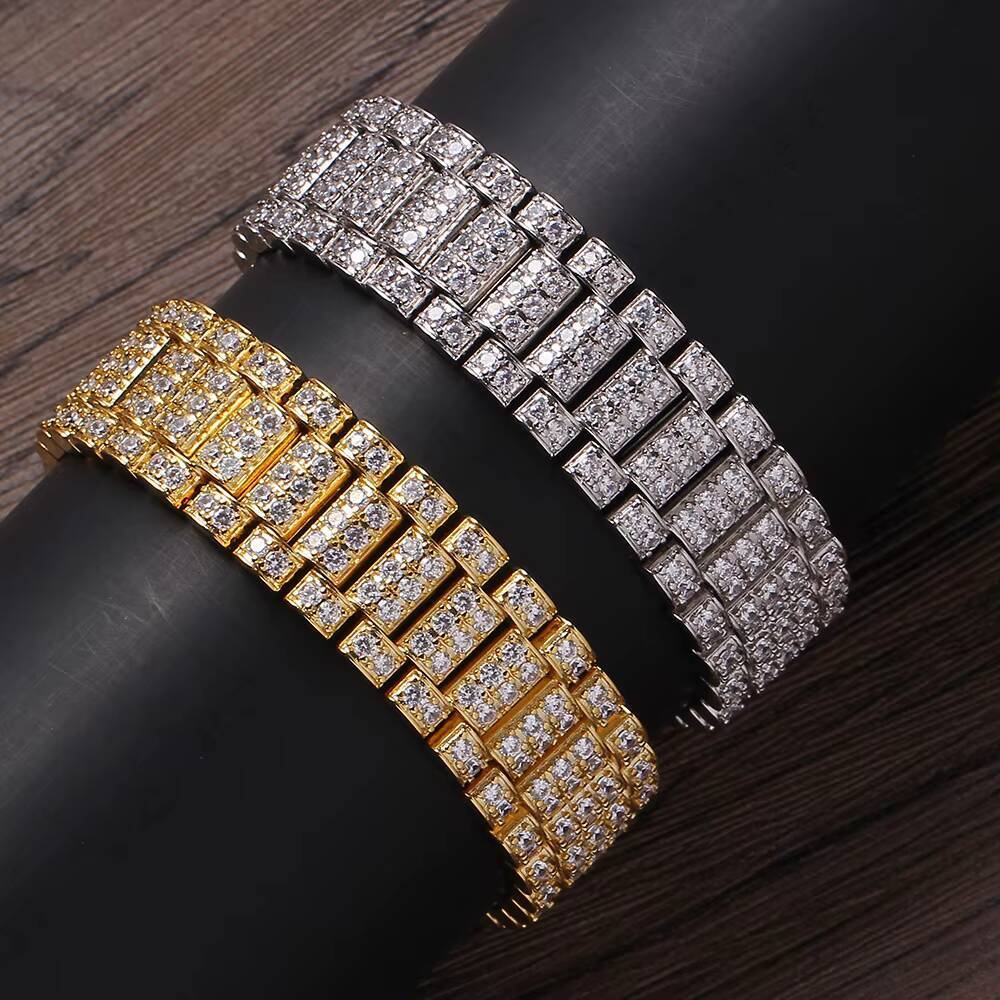 Mens Hip Hop Jewelry 18MM White Gold Plated Cubic Moissanite Iced Out Bracelet Watch Link Chain Bracelet