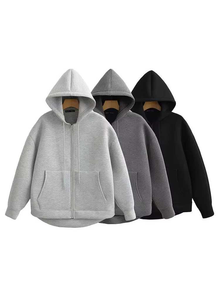 HH Autumn Winter Womens Zipper Hoodie Coat High Street Double Pockets Oversize Jakcet Loose Sweatshirts Outerwear TopT260328