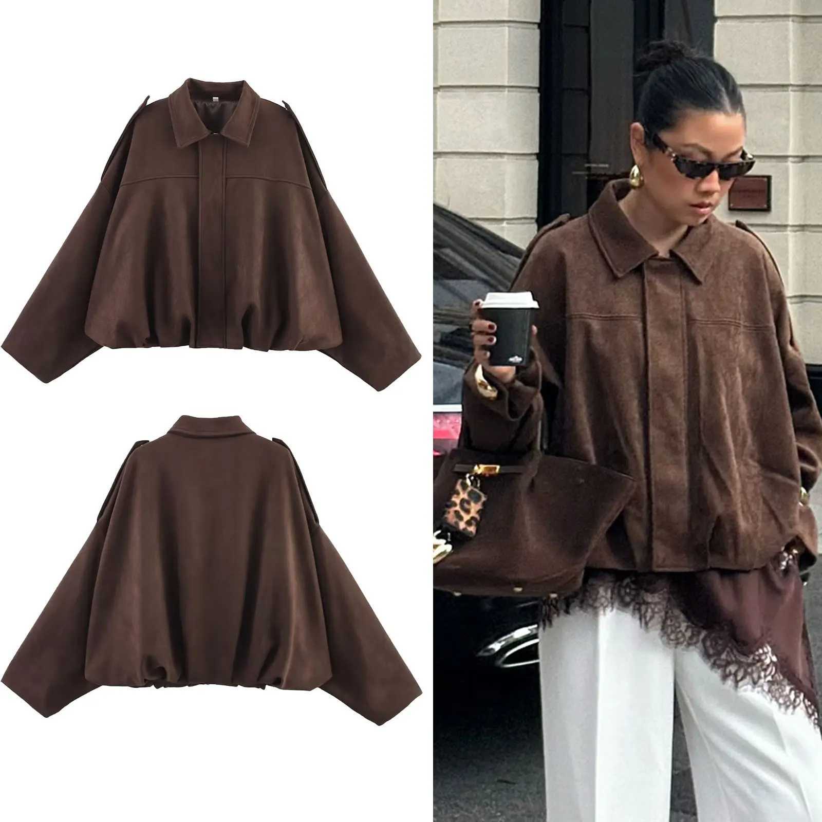 HH Womens Street Fashion Solid Loose Suede Texture Coats Causal Long Bat Sleeves Lapel Zipper Fly Winter Vintage JacketsT260328