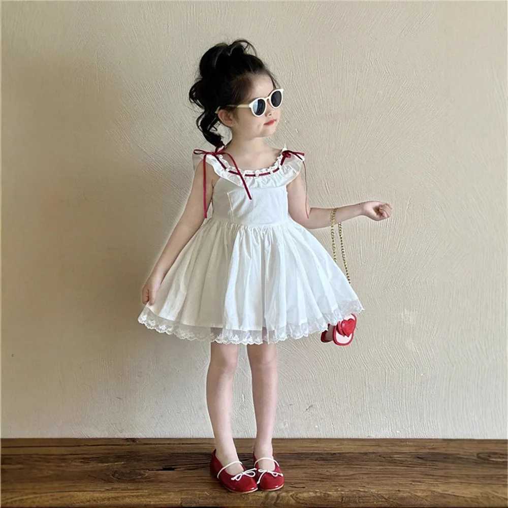 Girls Summer New Style French Ruffled Sleeveless Lace Vest Princess Dress for Children Girls Birthday White DressT260330
