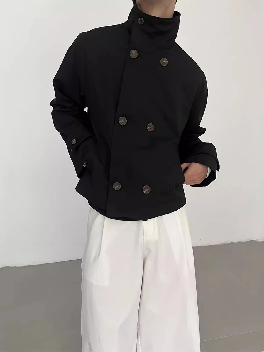Mauroicardi Spring Autumn Khaki Short Trench Coats Man Stand Collar Double Breasted Elegant Chic Clothes 260327