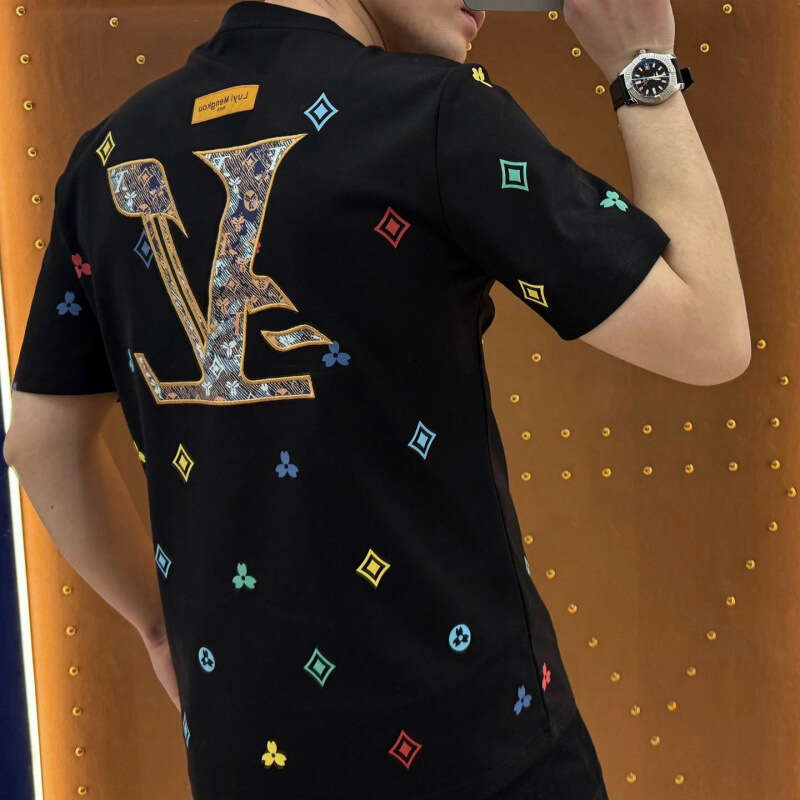 European and American Light Luxury High-end Embroidery Short Men's Trendy Brand Cool Round Neck Regular Shoulder T-shirt Summer Fashion Casual Ha