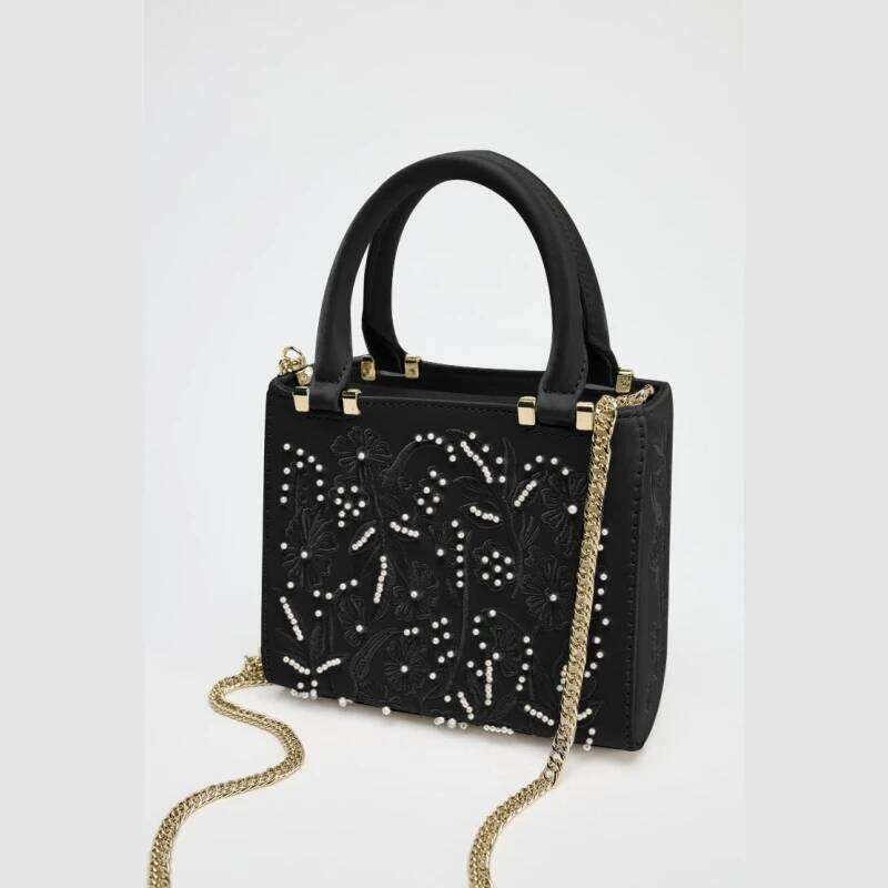 Chinese Embroidery Pearl Mini Duffel Handbag, Women's Crossbody With Chains, Fashionable Small Tote Bag Ladies Luxury Bags