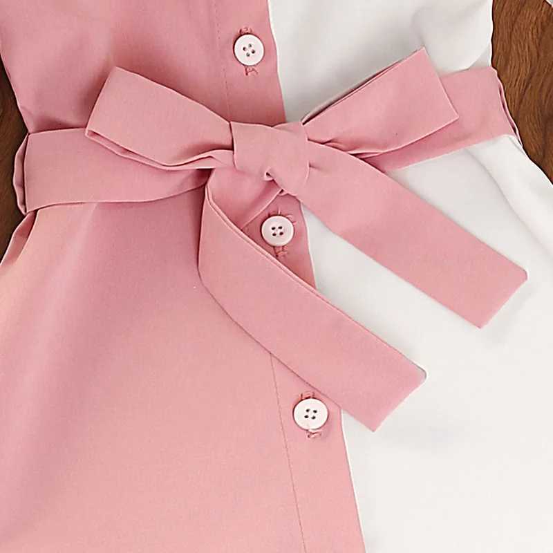 Kids Dress For Girls 4-7 Years Girls Patchwork Shirt Puff Sleeves Dress With Belt Stylish Temperament Baby Girl DressT260330