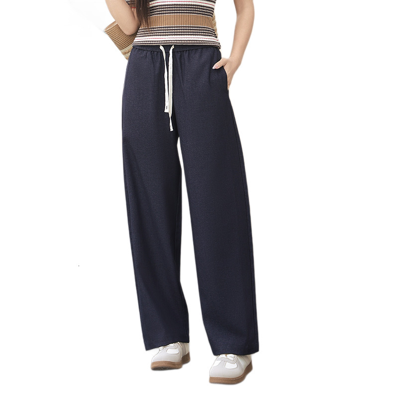 New high-waisted wide-leg denim casual, loose drawstring drapey long pants with elastic waist and straight cut