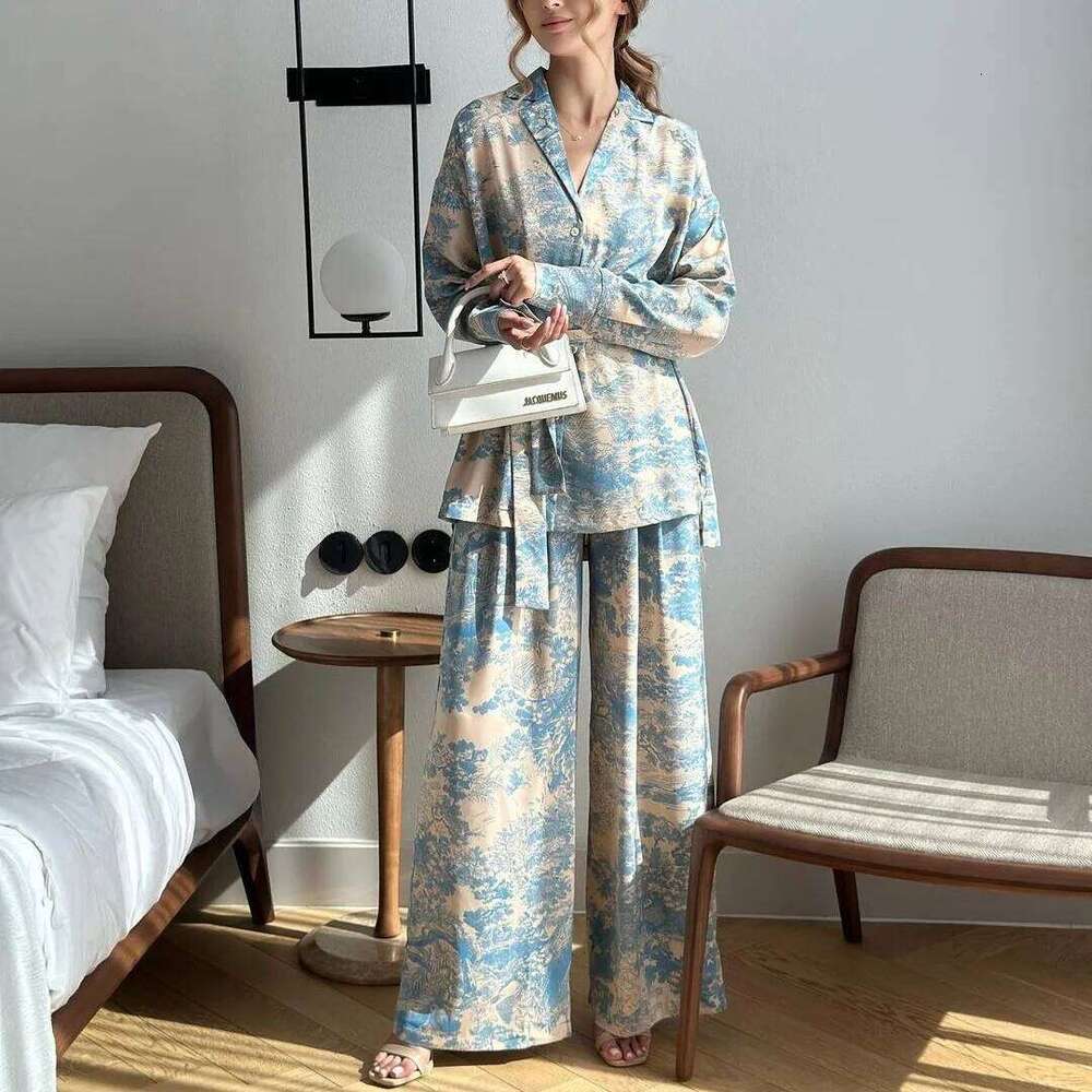 Print Flower 2Pcs Pajamas Set Sleepwear French V-Neck Fashion Women's Clothing Loose Satin Wide Leg Pants Pijamas Suit Homewear Asia Size