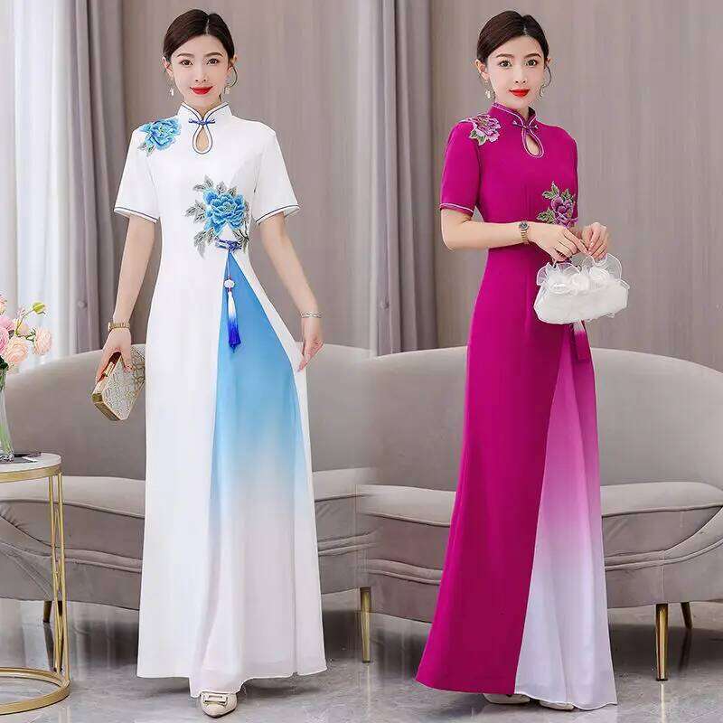 Catwalk Short Sleeve Long Improved Vietnam Audrey Ao Dai Qipao Cheongsam Dance Dress MAKOUFEI