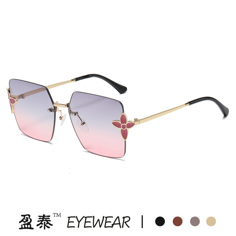 Luxury Brand Designer Sunglasses New Frameless Square Large Frame Sunglasses With Flower And Clover Design, European And American Trendy Fashion Gradi