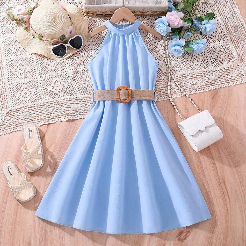Elegant Summer Princess Dress for Teen Girls with Halter Neck and Off-Shoulder Children Sleeveless Casual Clothes with BeltT260330
