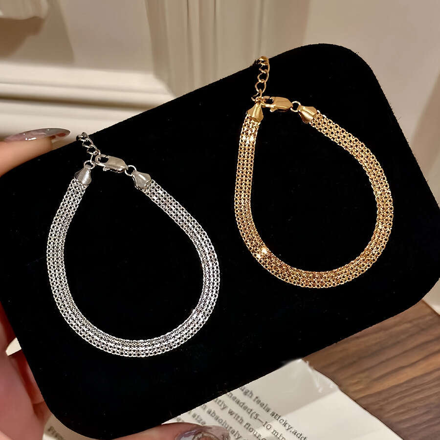 18K real Design gold plated flat grid bracelet, simple Dainty retro minimalist style, niche high-end jewelry