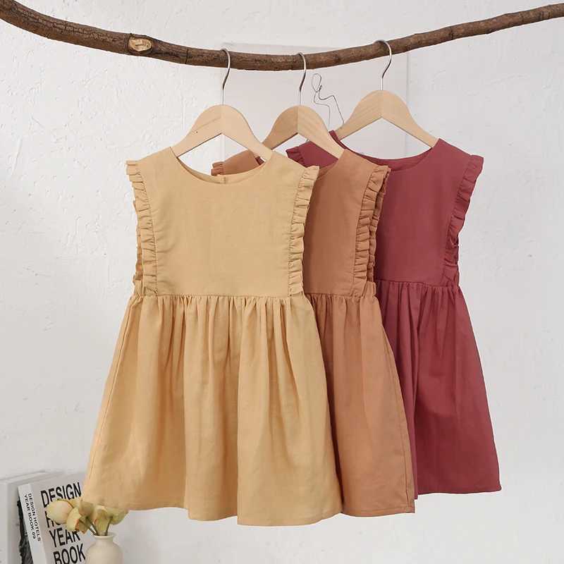 Retro Linen Ruffle Sleeveless Girls Dress Summer New Baby Girl Casual Button Elastic Waist Cotton And Linen Princess DressesT260330