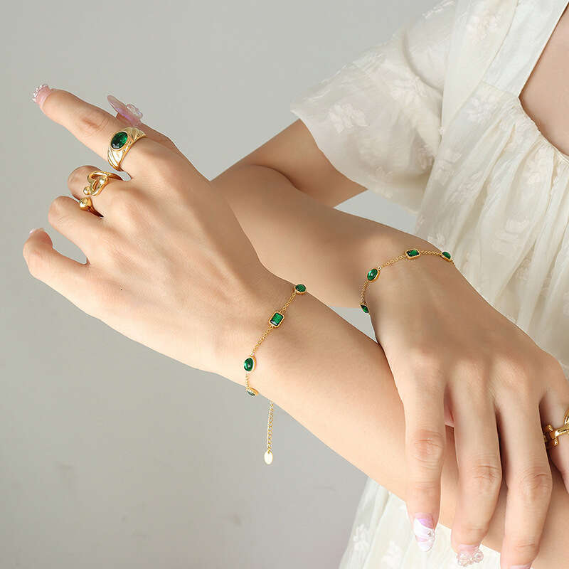 Chinese Retro Palace-style Square Green Zircon Titanium Steel Bracelet, Elegant And Delicate Metal Jewelry