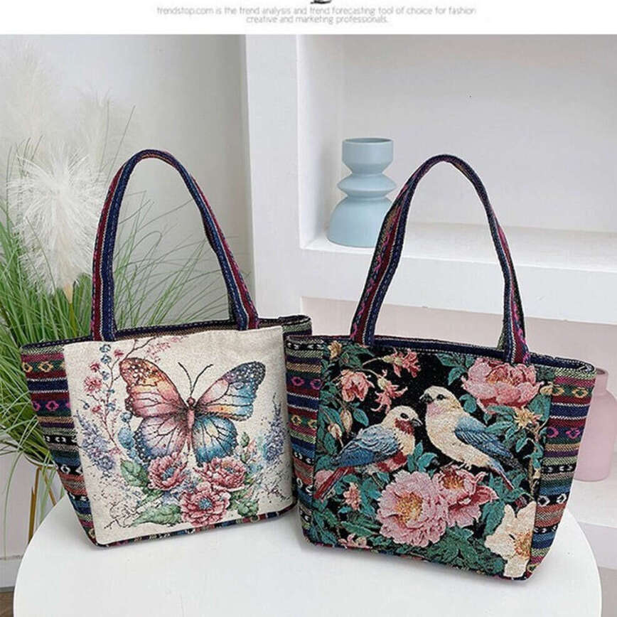 New Cartoon Embroidered Woven Jacquard Canvas Handbag, Large Capacity Cute Shoulder Tote Bag For Students Practical Package Premium Feel