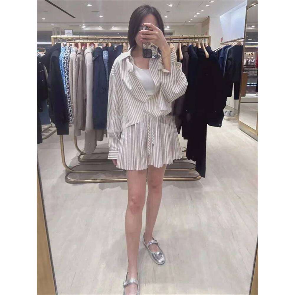 Rhinestone Decoration Women Striped Shirt Turn-Down Collar Blouse Top Or Elasitc Waist Pleated Mini Skirt For Ladies Mdng260330
