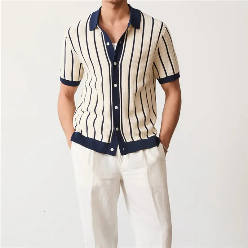 Summer Mens Striped Knit Polo Shirts Fashion Patchwork Short Sleeve Turn Down Collar Smart Casual Polos Men Knitted Tops 260327