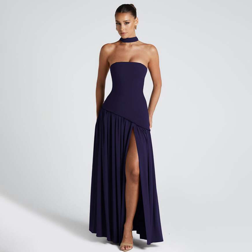Designer's new European and American women's fashionable strapless slim h28 fit solid color backless elegant satin dress