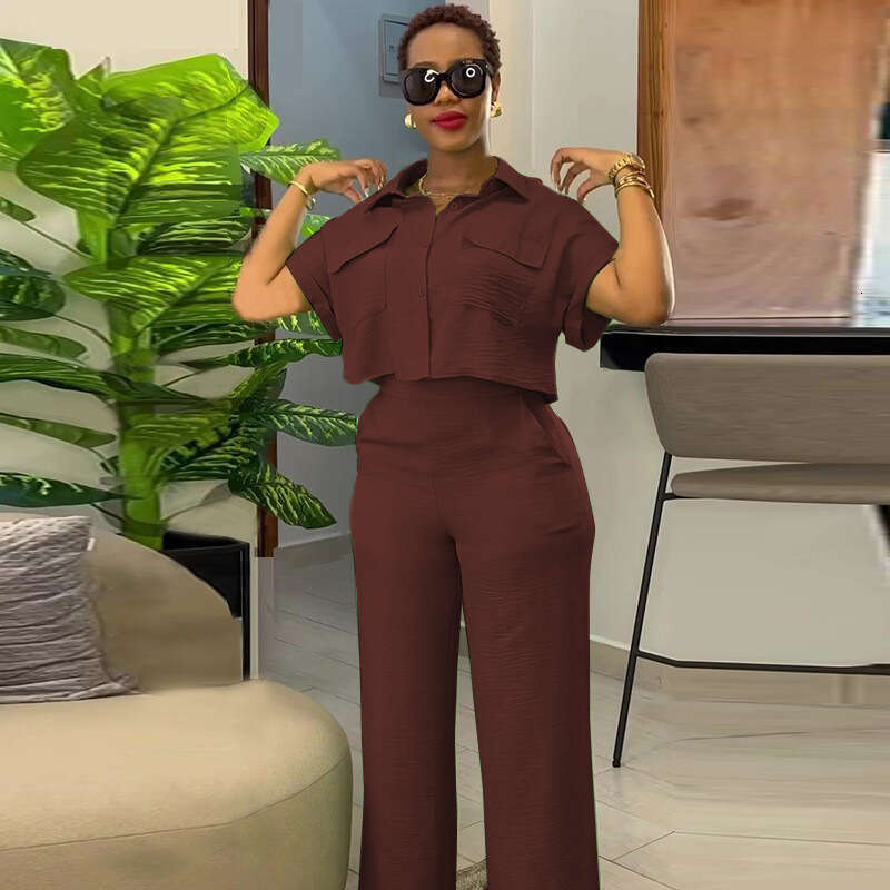 In-stock cross-border European American women's clothing 2026 summer new casual lapel short-sleeve shirt and wide-leg pants fashion set