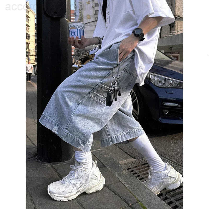 2025 Summer Mens Blue Vintage Y2K 2000s Wide Leg Baggy Casual Denim Shorts Harajuku Aesthetic High Waist Loose Fashion Shorts H260330