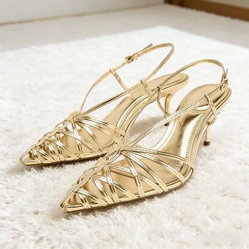 Luxury Gold Narrow Strap Heeled Sandals Women Sexy Pointed Toe Back Strap Roman Style Pumps Elegant Fashion Banquet Wedding Shoe Z260330