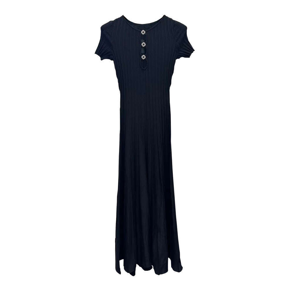 2026 Spring New Designer French Elegant Ribbed Hollow Waist Black Short Sleeve S18 Knitted Women's Dress