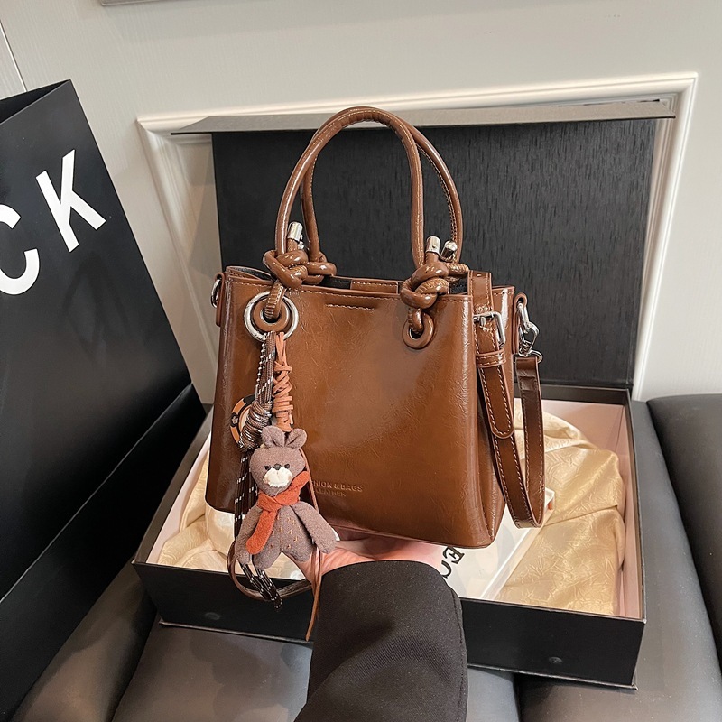 Free Shipping High Value Mini Tote Bag for Women Glossy Leather Handbag with Cute Bear Charm