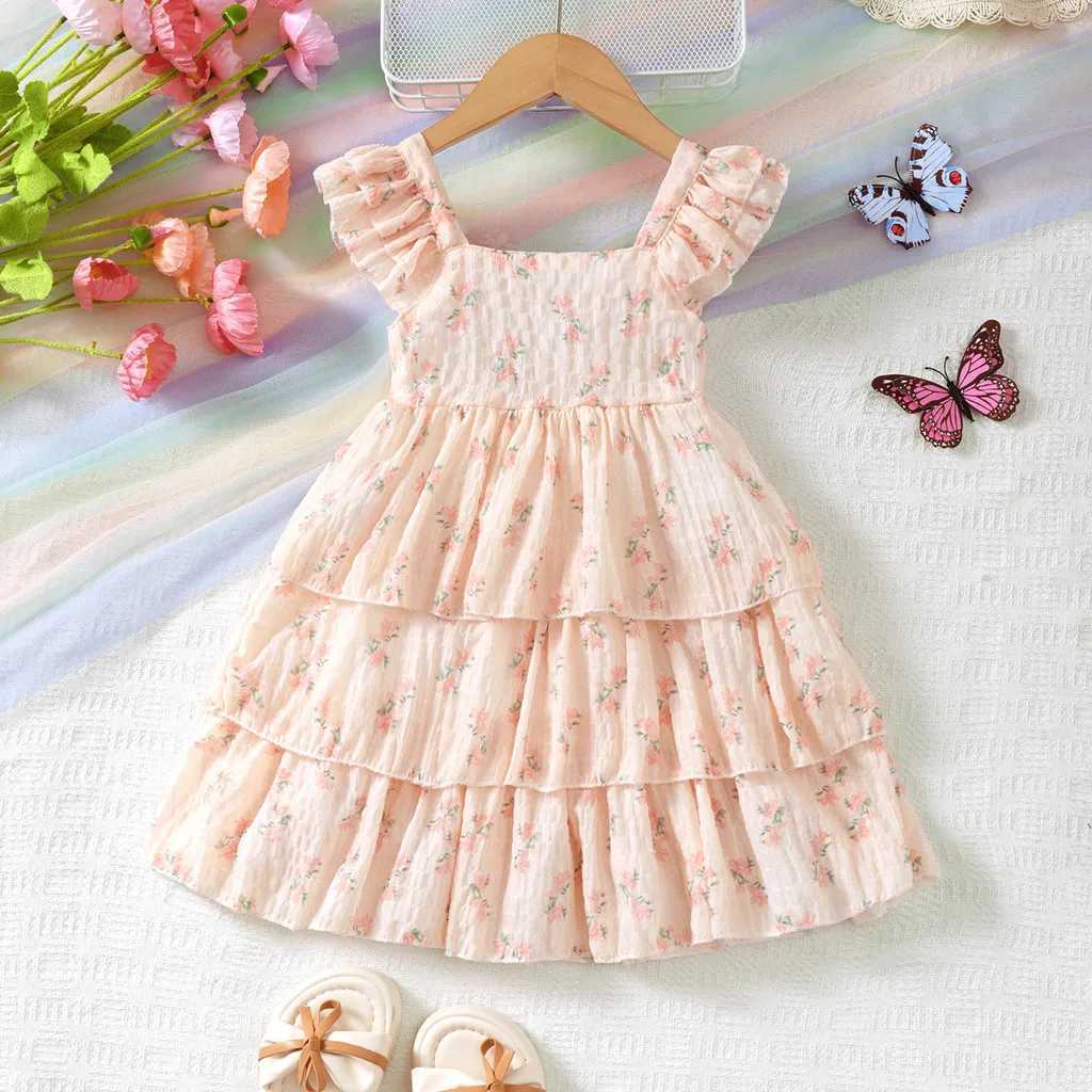 1-6Years Kids Girl Princess Dresses Sleeveless Sling Ruffle Floral Print Tiered Dress Fashion Cute Child Girl Daily Party WearT260330