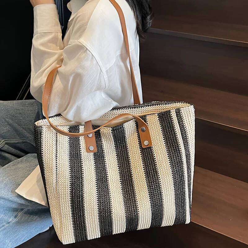 New Women S Fashion Classic Striped Pattern Retro Single Shoulder Bag Large Capacity And Versatile Straw Woven Multi Compartmen XIU LAI SI