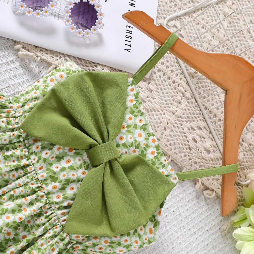 Toddler Girls Green Floral Camisole Dress - Large Bow Decoration on Chest Fresh Sweet Pastoral Dress for Spring SummerT260330