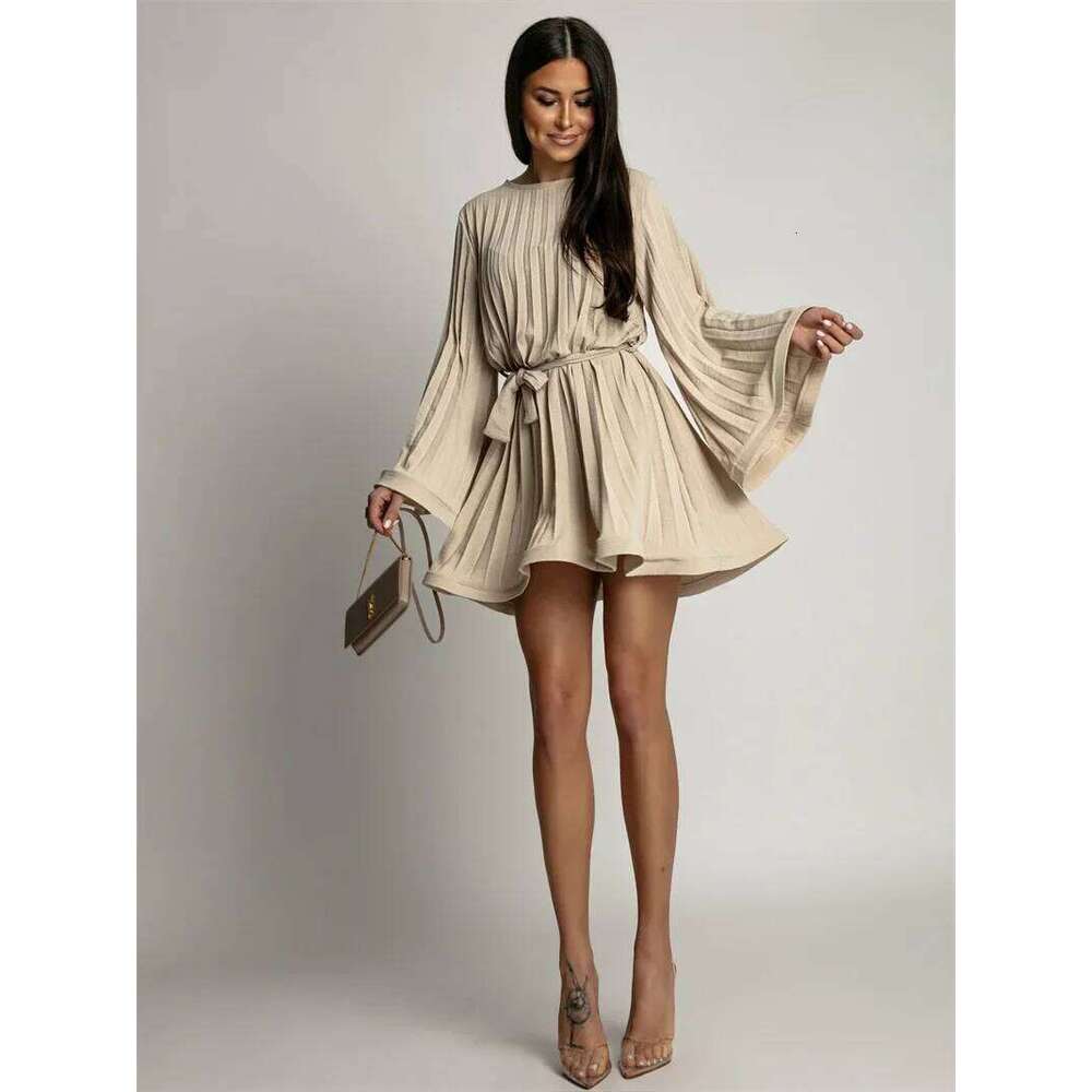 New Spring Summer Elegant Fashion Solid Round Neck Flared Sleeve Lace-Up Pleated Mini Dress Women Asia Size