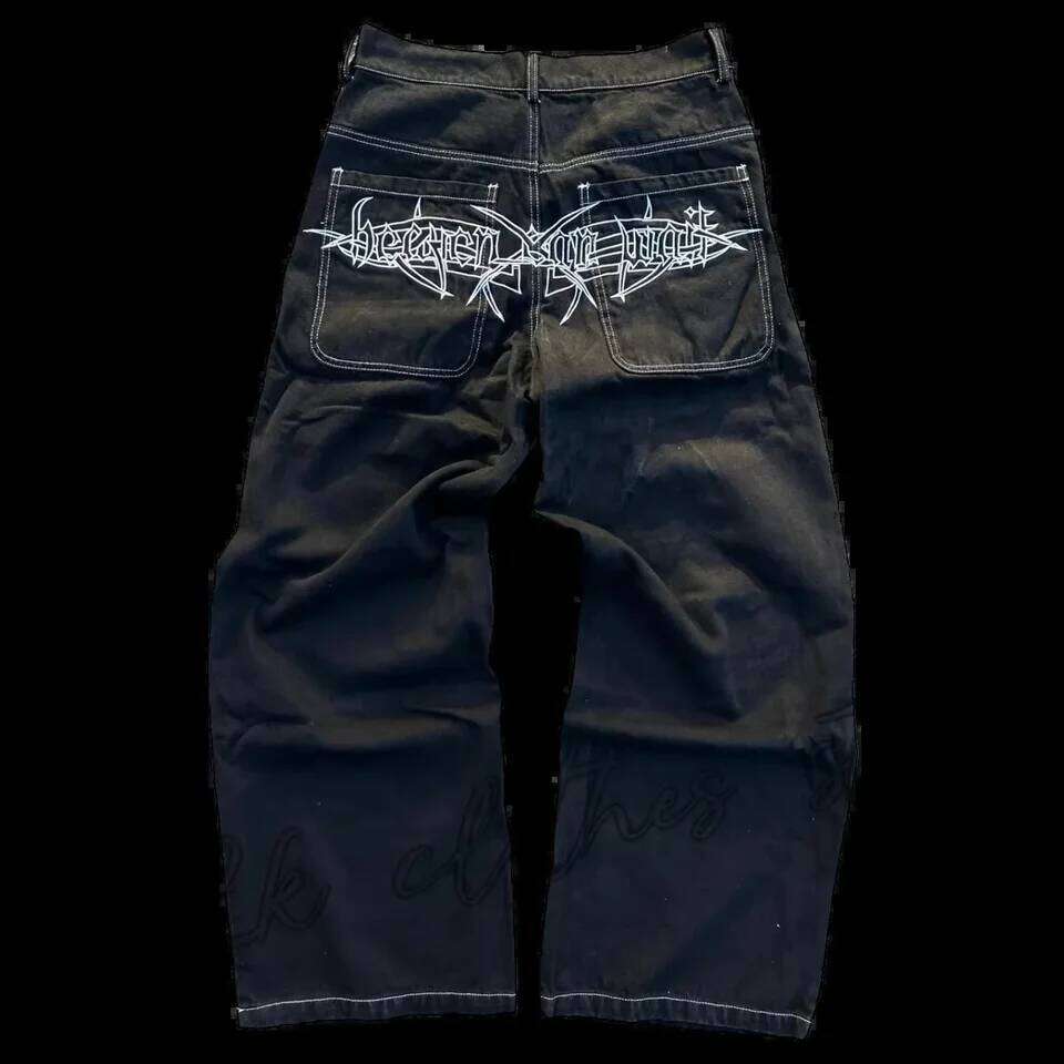 Vintage Y2K Clothes Men Women Gothic Hip Hop Pocket Embroidery Retro Blue Baggy Jeans High Waist Slim Fit Flare Trousers 26Y0330