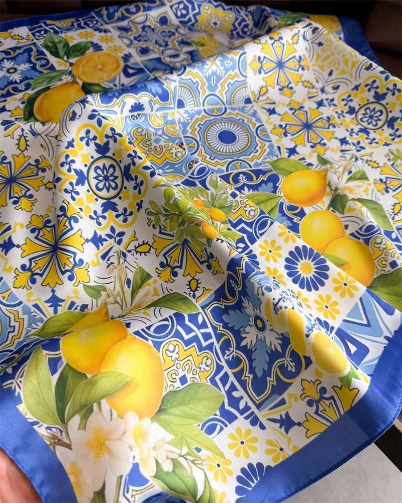 Lemon Print Silk Square Scarf Wen Luxury Soft Satin Kerchief Thin Neck Scarf Fashion Sunscreen scarf For Wen Bag Ribbon X260328