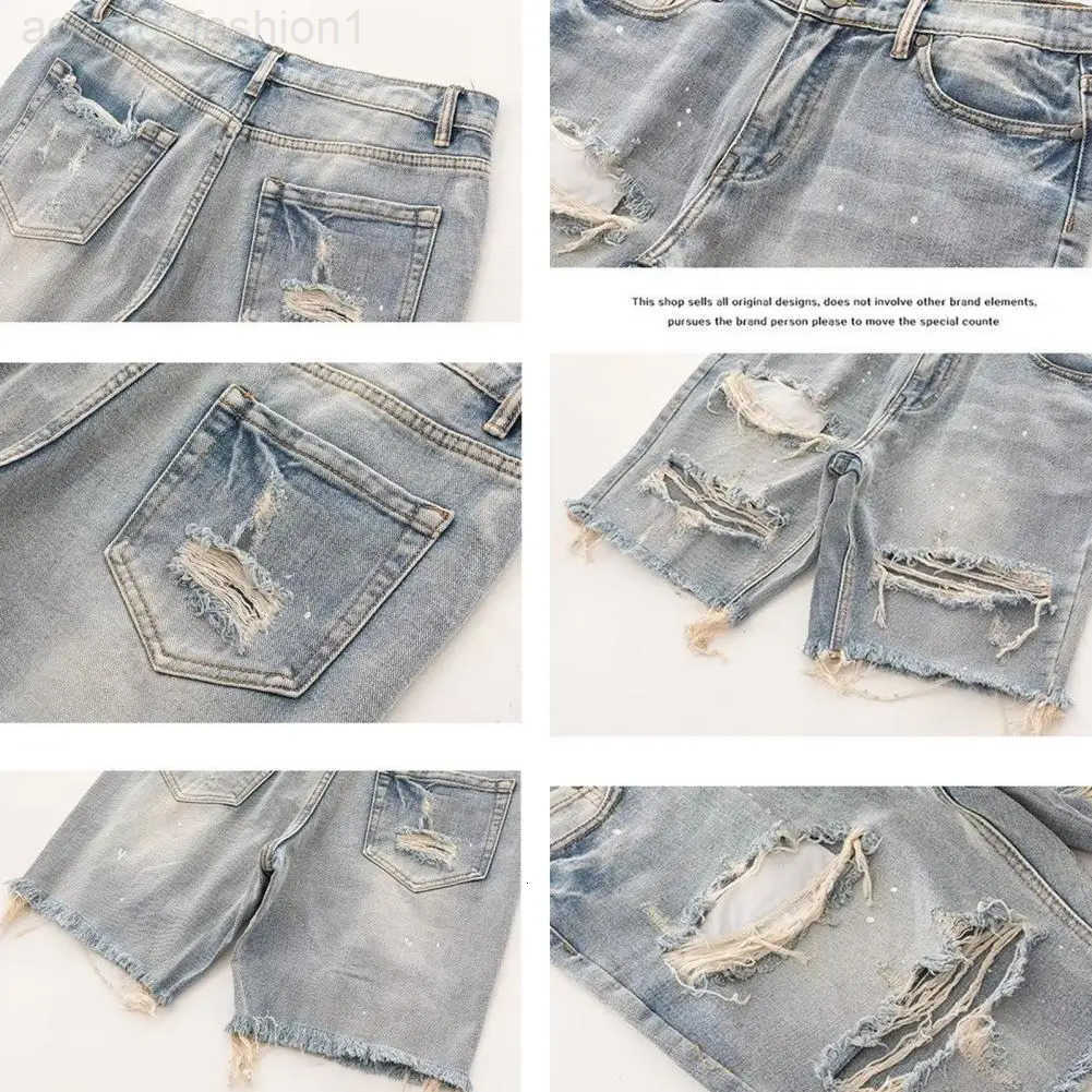 Men Denim Shorts Button Zipper Fly Multi Pockets Short Jeans Straight Fit Ripped Holes Knee Length Distressed Denim Shorts H260330
