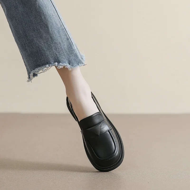 Designer shoes back round Toe Flats Soft Sole Women's Leather Loafers Oversized British Casual Shoes Lowdaily routine Heel Summer Style Eur35-43