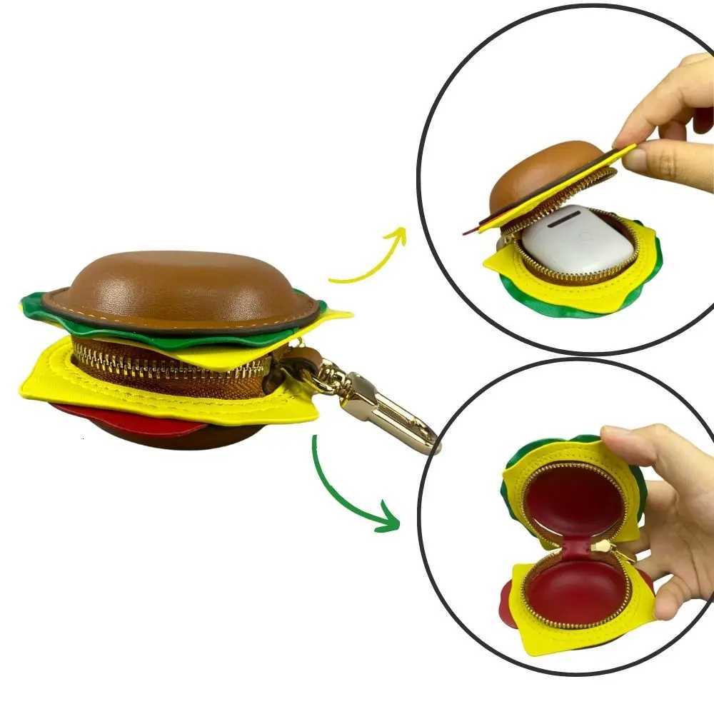 Hamburger Real Leather Coin Purse Earphone Case - Handmade Premium Leather Keychain with Metal Clip for Bag Charm-Ideal Gift Z260330