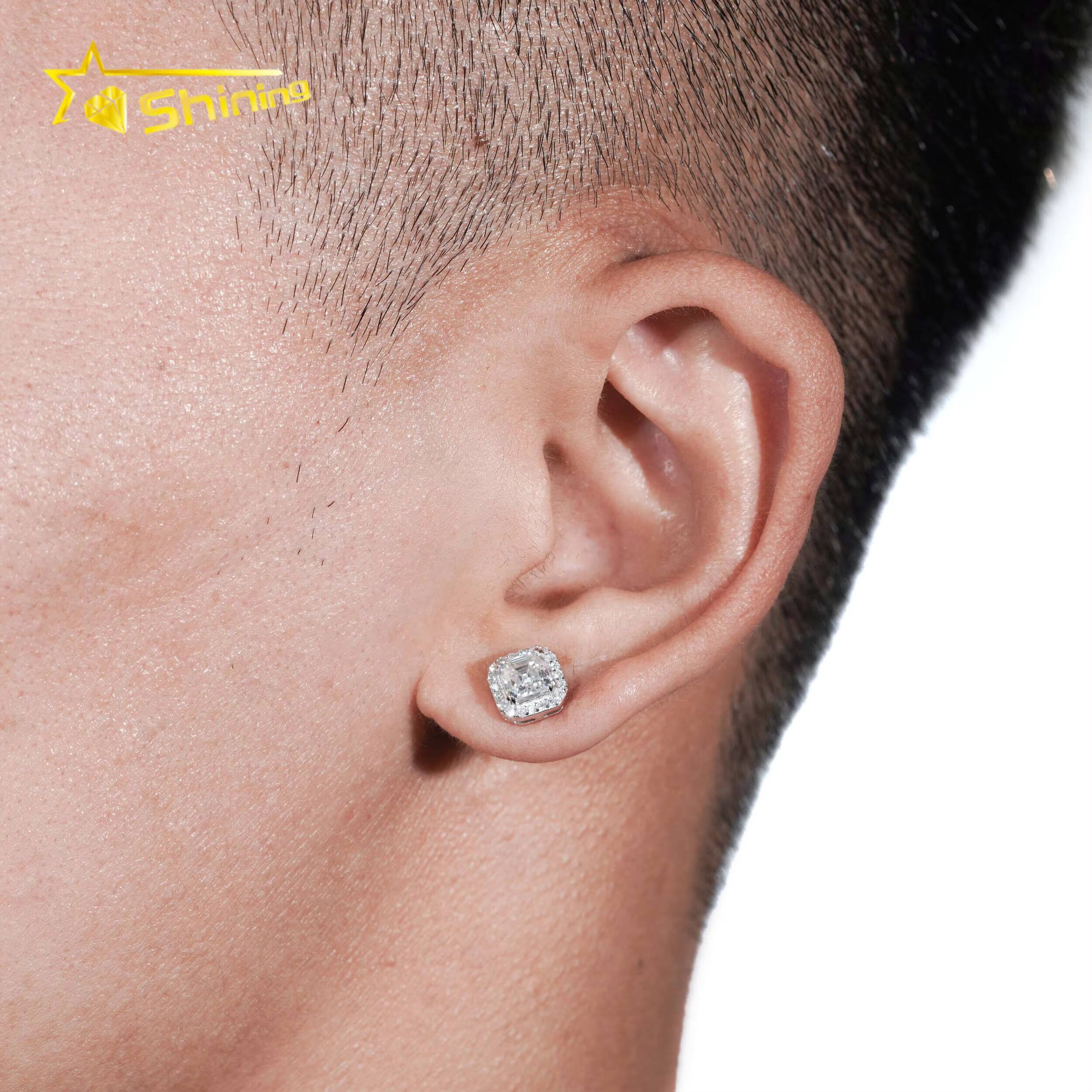 New Style Fine High Quality Asscher Cut Moissanite Stud Earrings 925 Silver Hip Hop Iced Out VVS Halo Moissanite Earrings