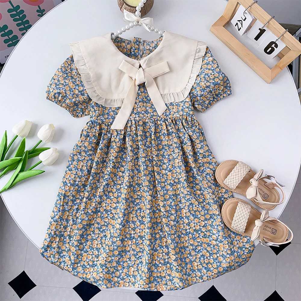 Summer New Girls Bow Turn-down Collar Puff Sleeve Flower Print Dress 1 Pc 2-7 Years Kids Fashion Casual ClothesT260330