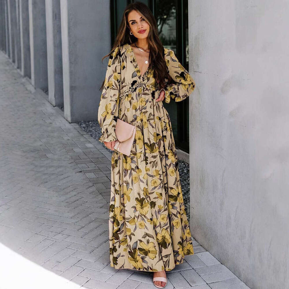 2026 New Cross-Border Long-Sleeve European and American Women's Fashion Printed Elegant Long Evening Dress