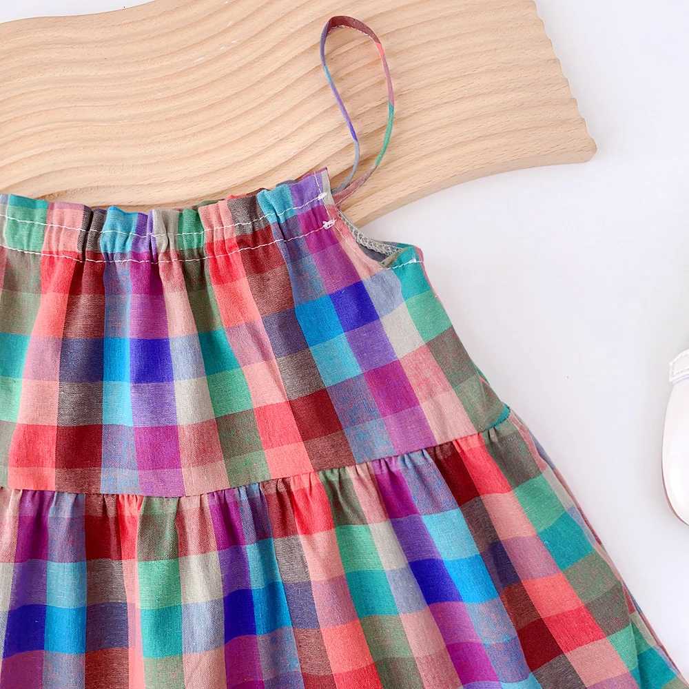 Girls Set 2023 Summer New Casual Dress Colorful Plaid Strap Dress Sleeveless Princess Dress Girls Fashion DressT260330