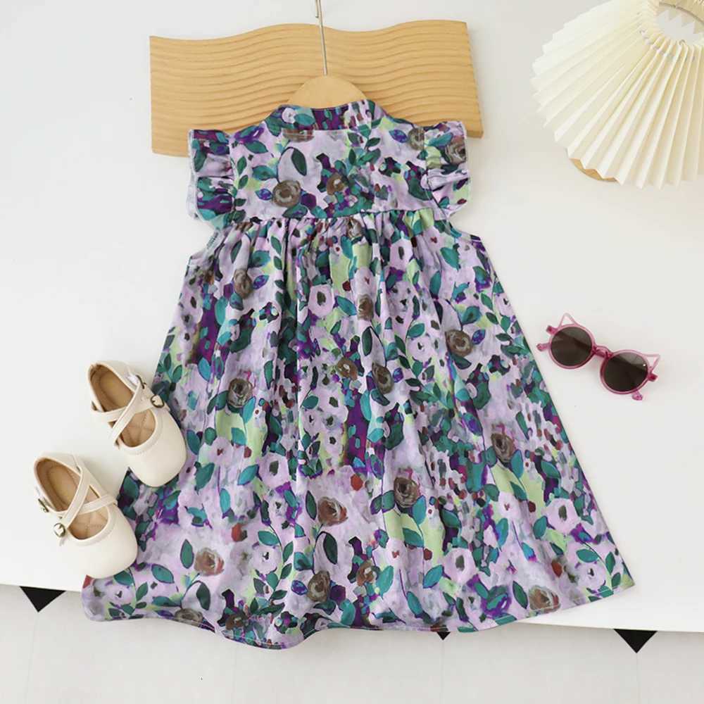 Bear Leader Girls Dress 2023 Summer New Girls Round Neck Flower Print Flying Sleeve Dress Fashion Childrens Print DressT260330