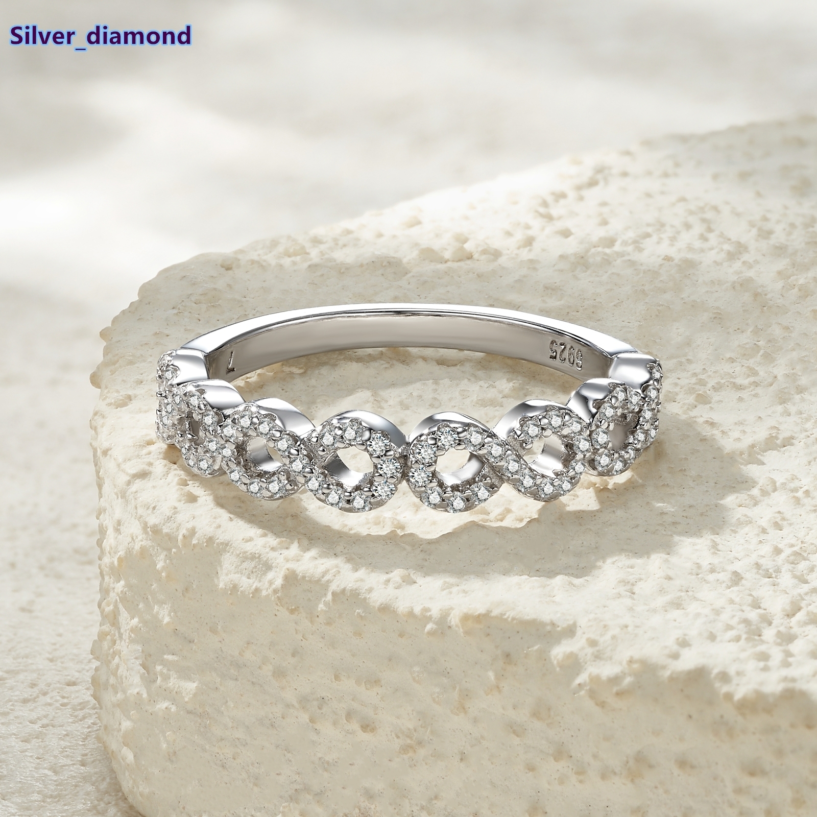 Infinity Link Cross Shape Platinum Plated 925 Sterling Silver Pave Moissanite Engagement Eternity Band Luxury Stackable Ring