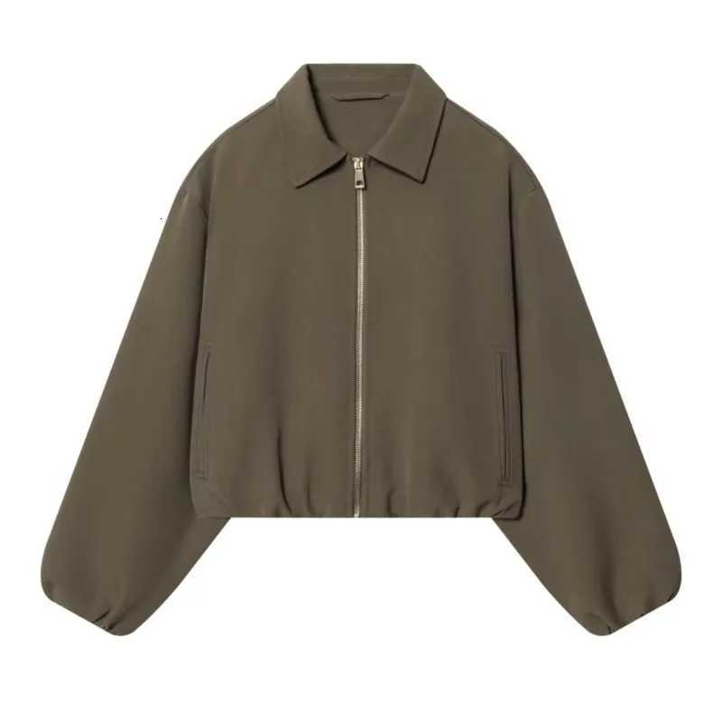 Womens Simple Jacket with Zipper Casual Turn-down Collar Solid Long Sleeve Gathered Hem Pocket Women Coat Female Chic TopsT260328