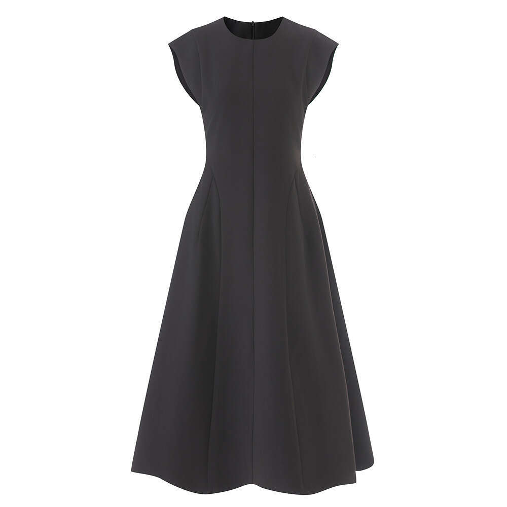 2026 designer French retro style sleeveless q26 raglan waistband slim fit big hem round neck simple dress