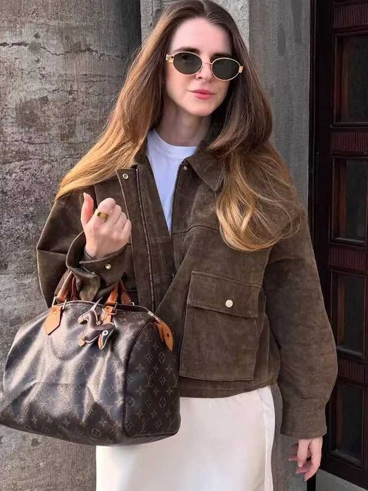 SLTNX Womens Olive Green Suede Jacket Oversized Lapel Coat Long Sleeve Pocket Streetwear Fall Winter OuterwearT260328