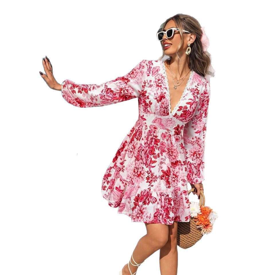 European and American cross-border women's clothing Amazon new product lace V-neck printed casual vacation long-sleeve dress