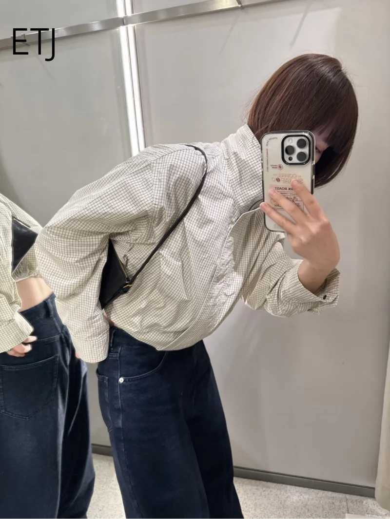 ETJ Womens Cropped Checkered Jacket High Neck Puff Sleeve Oversized Top with Drawstring Hem 2026 Spring Casual OuterwearT260328