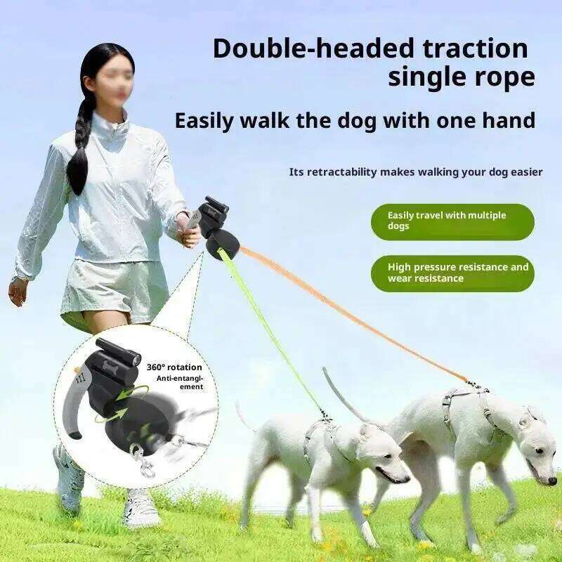 Auto Retractable Double-Headed Dog Leash 3M for 2 Dogs with LED Flashlight 360 Degree Dual Traction Rope Pet Supplies