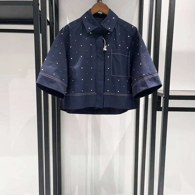 Diamond Decoration Women's Shirt Turn-Down Collar Short Sleeve Blouse Top Or A-Line Mid-Calf Skirt For Ladies Mdng260330