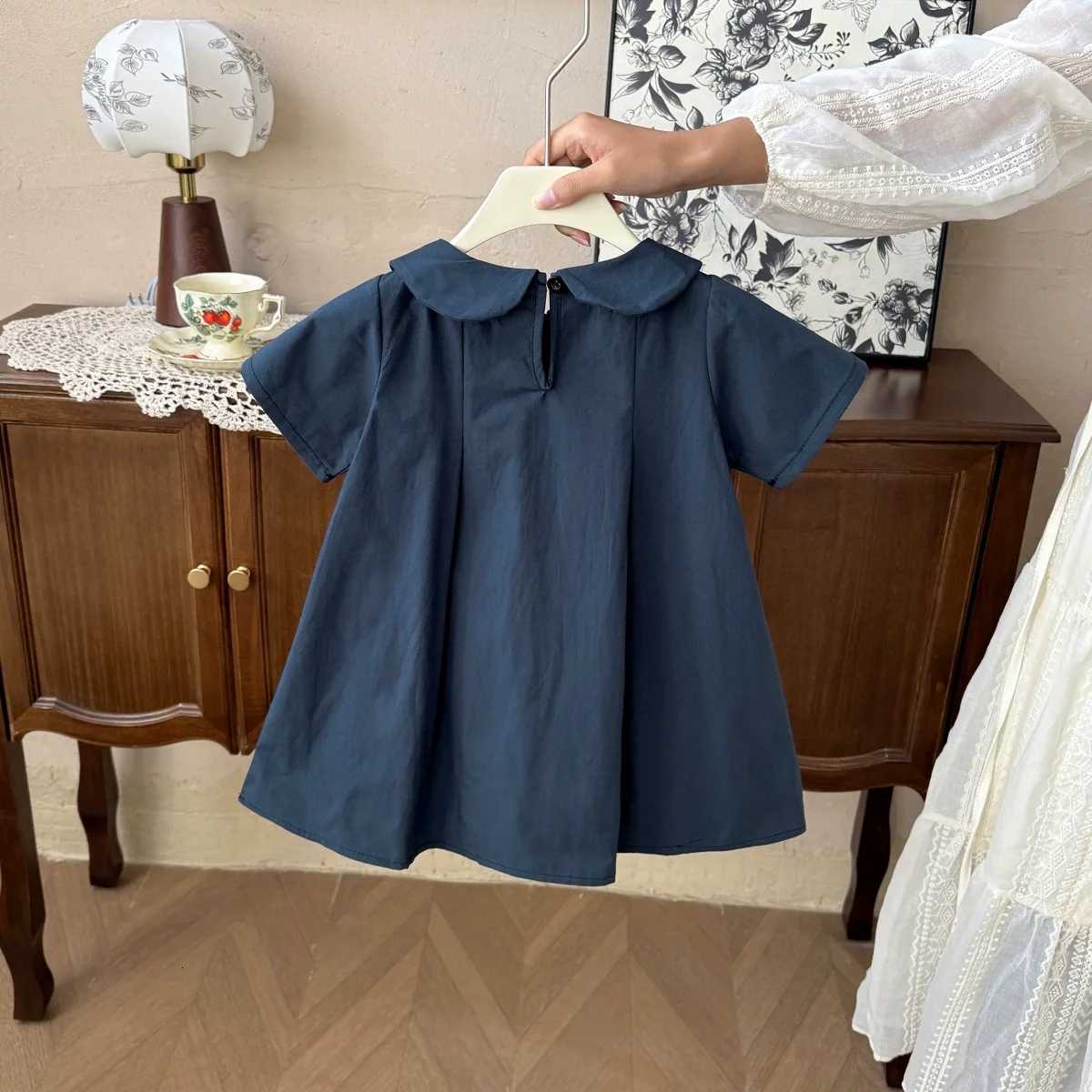 Girls Dress New Summer Style Solid Color Dark Color Childrens Fashionable Doll Collar Princess Dress Cotton DressT260330